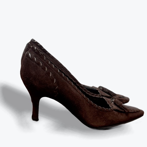 Stuart Weitzman Brown Suede Tassel Pointed Toe Heels Pumps Size 6M - Picture 1 of 8